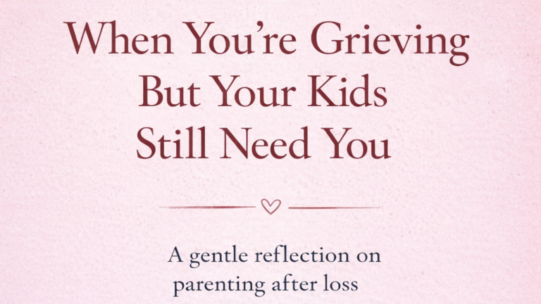 Mother holding baby illustration with text about parenting after grief and staying strong for your children